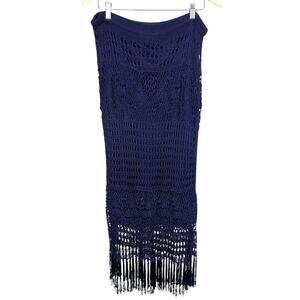 Chico's Womens Large Navy Blue Crochet Maxi Skirt Fringe Elastic Waist